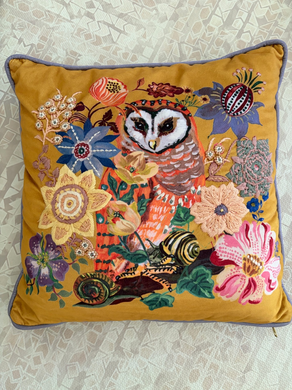 Nathalie l’Été Mustard Yellow Owl Embroidered Throw Pillow - Anthropologie
